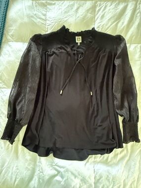 Anne Klein Black Tie-Neck Long Sleeve Blouse